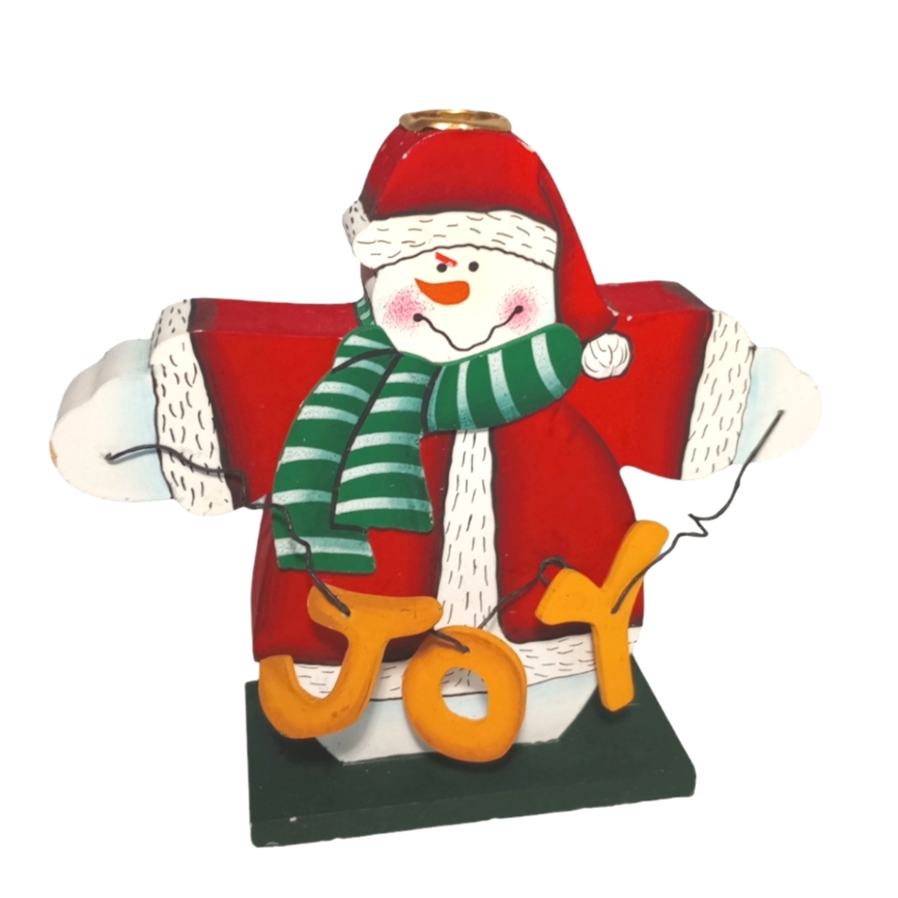 Wooden Snowmen JOY 3D Effect Multicolor Hand Paint Candle Holder Collectibles